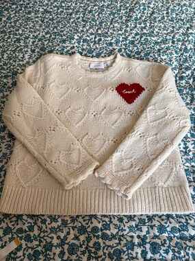 Coach Cream Cable-Knit Sweater with Red Heart Logo